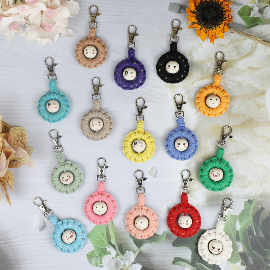 Macrame Kit: Wooden Bead Emoji Keychain Weaving Craft Material Pack. With Tutorial, Polyester Cord, Silver Lobster Clasp, 40mm Wooden Ring, Phone Clip. Beginner DIY (Keychain/Small Ornament)