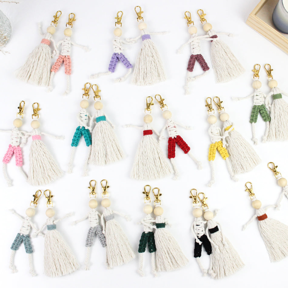Macrame Kit Boy & Girl Handmade Weaving Keychain Set Movable Limbs, Fringe Skirt | Valentine's Day Gift, Beginner-Friendly