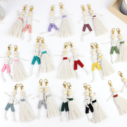 Macrame Kit Boy & Girl Handmade Weaving Keychain Set Movable Limbs, Fringe Skirt | Valentine's Day Gift, Beginner-Friendly