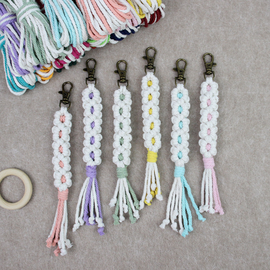 White Daisy Keychain Wristband Weaving Kit Macrame Kit: Premium Polyester Rope (2 colors, 3m each), Tutorial, Bronze Dog Clasp  Phone Clip, White Petals & Colored Center, Beginner-Friendly, For Pendants