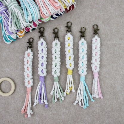 White Daisy Keychain Wristband Weaving Kit Macrame Kit: Premium Polyester Rope (2 colors, 3m each), Tutorial, Bronze Dog Clasp  Phone Clip, White Petals & Colored Center, Beginner-Friendly, For Pendants