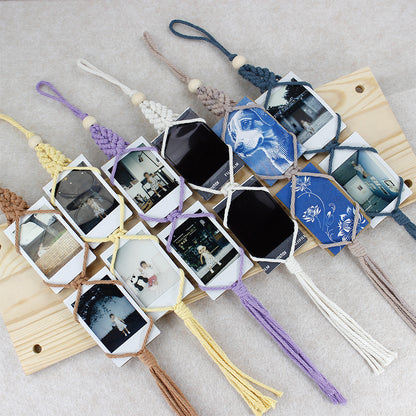 Macrame Kit for Beginners, Bohemian Woven Photo Frame Hanger, Polyester Fiber Handmade Polaroid Display Holder, DIY Craft Kit for Aesthetic Wall Decor, Car Pendant & Gift