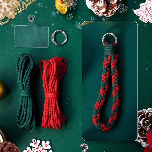 Macrame Kit Christmas 8-Strand Keychain Wristband Kit | Red & Dark Green | Anti-Lost String | Beginner Weaving