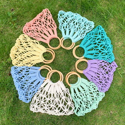 Macrame Kit Hollow Bag Weaving Kit | Dopamine Colors | Wooden Ring Handle | Commute/Outing Use | Beginner-Friendly