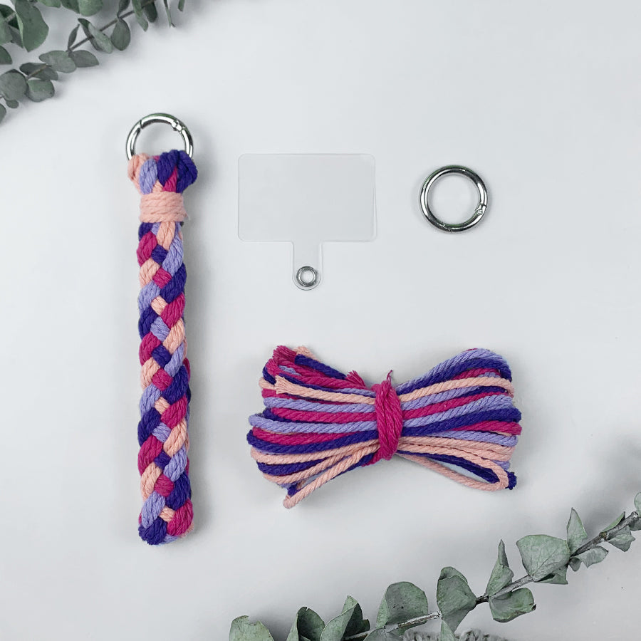 Macrame Kit: 4-strand Braid Keychain Weaving Craft Material Pack. 4 colored ropes (1.5m each, gradient/color contrast options). Includes tutorial, 1 key ring with spring clasp, 1 phone clip. For beginnersDIY enthusiasts. Use as keychain, phone pendant