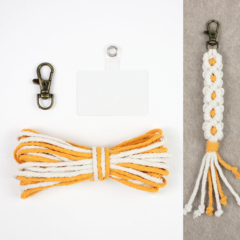 White Daisy Keychain Wristband Weaving Kit Macrame Kit: Premium Polyester Rope (2 colors, 3m each), Tutorial, Bronze Dog Clasp  Phone Clip, White Petals & Colored Center, Beginner-Friendly, For Pendants