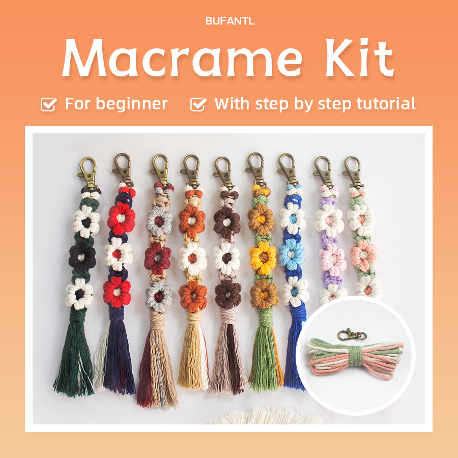 Macrame Kit Bohemian Style Interval Color Small Daisy Tassel Keychain Weaving Kit (Tassel Weaving Set): Polyester Rope, Tutorial, Antique Copper Lobster Clasp, Phone Clip. For Pendants/Bag Charms  Beginner Handmade DIY