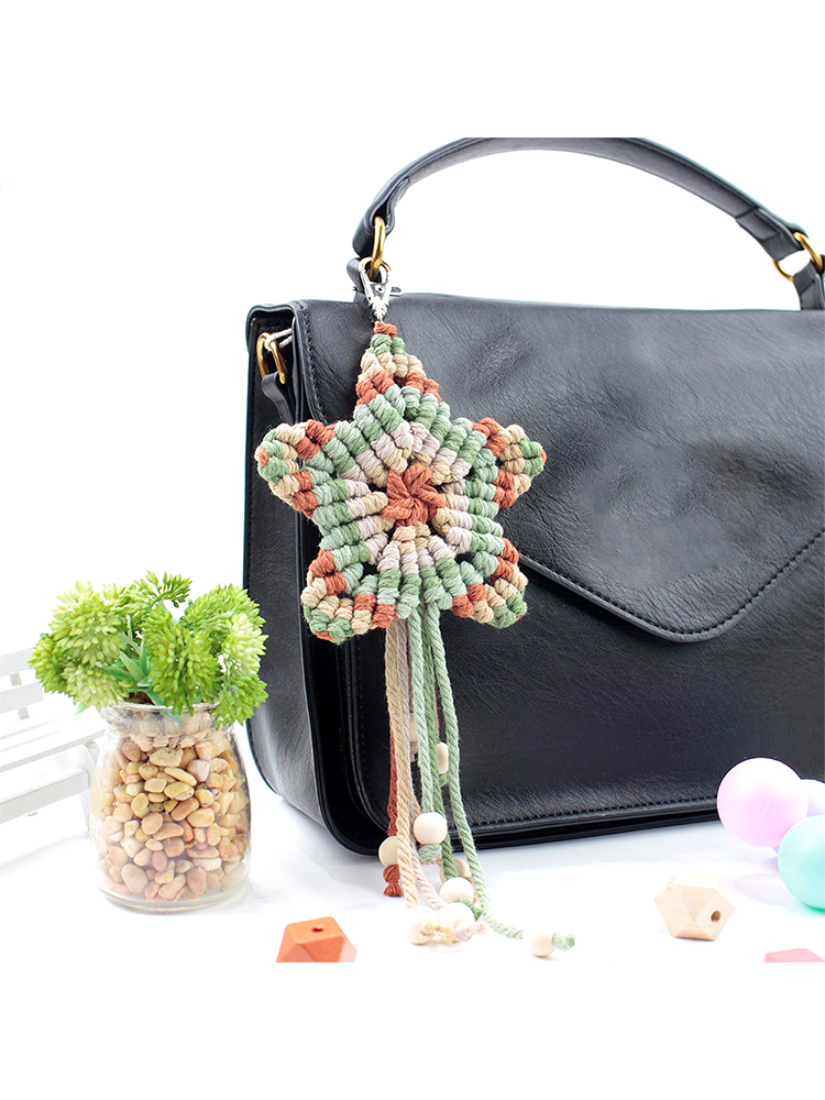 Macrame Kit 5-Pointed Star Keychain Weaving Kit | Multi-Colors |  Fringe + Wood Bead Decor | Wristband/Anti-Lost Strap | Beginner-Friendly