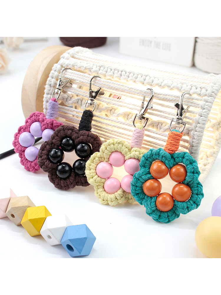 Wood Bead Flower Keychain Weaving Kit Macrame Kit | Multi-Colors | Cute Vitality | Bag Charm/Keychain | Beginner DIY Set