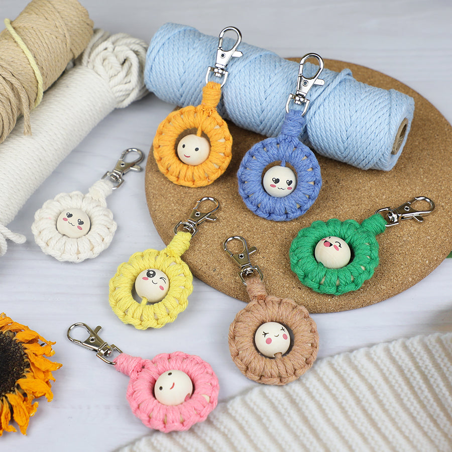Macrame Kit: Wooden Bead Emoji Keychain Weaving Craft Material Pack. With Tutorial, Polyester Cord, Silver Lobster Clasp, 40mm Wooden Ring, Phone Clip. Beginner DIY (Keychain/Small Ornament)