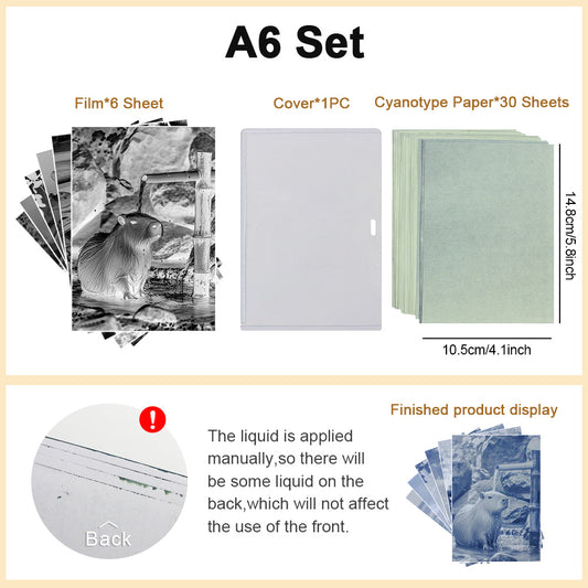 Cyanotype Set A6 Capybara Film Cyanotype Kit 30-Sheet Sharing Pack +6 Films Full Cute Patterns For Parent-Child/Beginners Vintage Photography, Sun Art Paper, Capybara Film