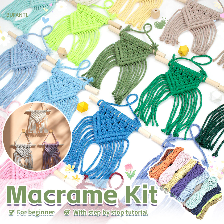 Macrame Kit Dopamine Mini Tapestry Weaving Kit | Triangle Body+Bottom Fringes | Multi-Color Option | Bedroom/Living Room Decor | Beginner-Friendly