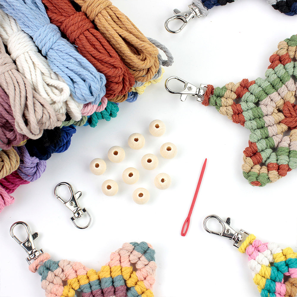Macrame Kit 5-Pointed Star Keychain Weaving Kit | Multi-Colors |  Fringe + Wood Bead Decor | Wristband/Anti-Lost Strap | Beginner-Friendly