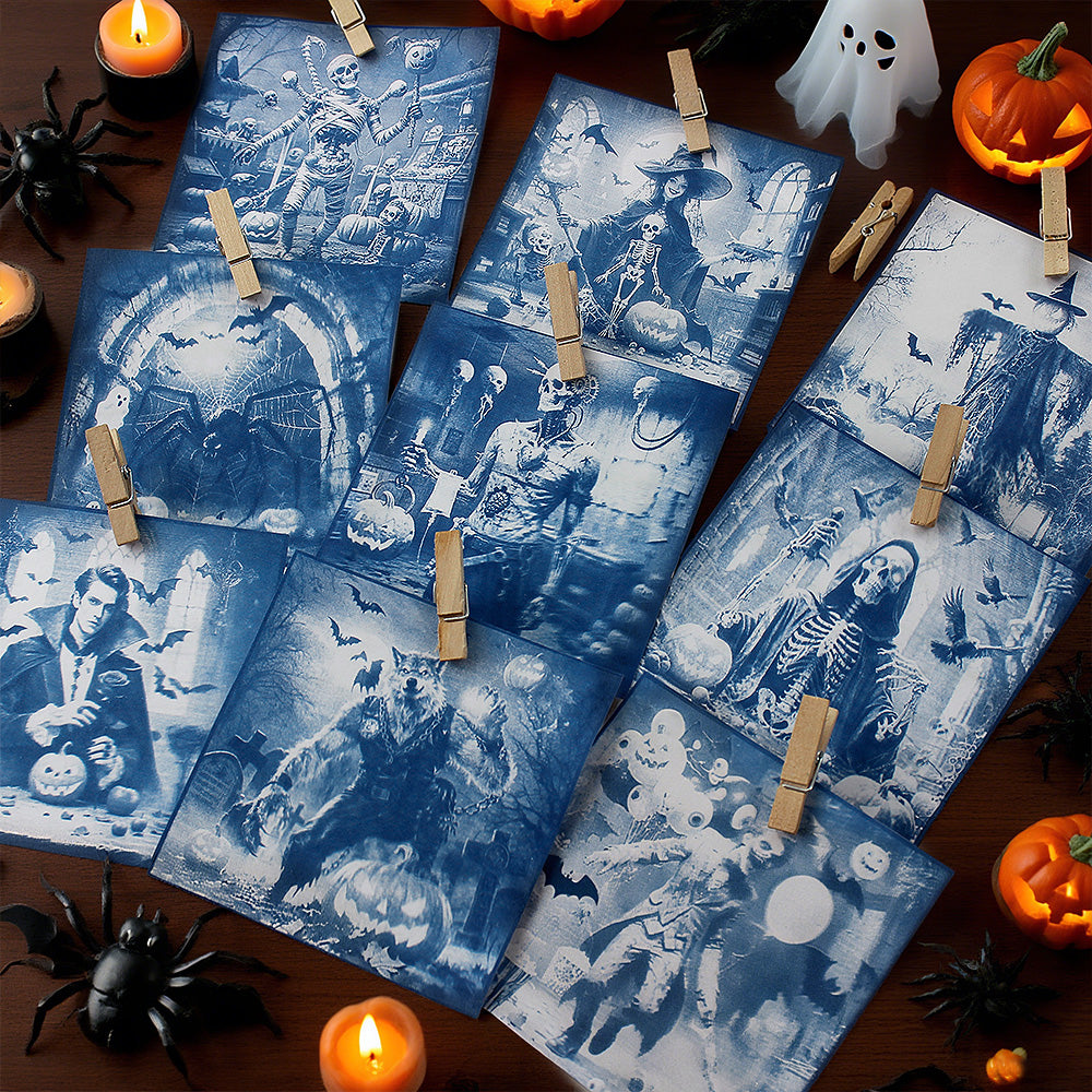 Halloween Cyanotype DIY Big Kit - 45 Sheets Sun Art Paper + 9 Halloween Films, Retro Printing/Mini Cyanotype Cards, For Beginners cyanotype set
