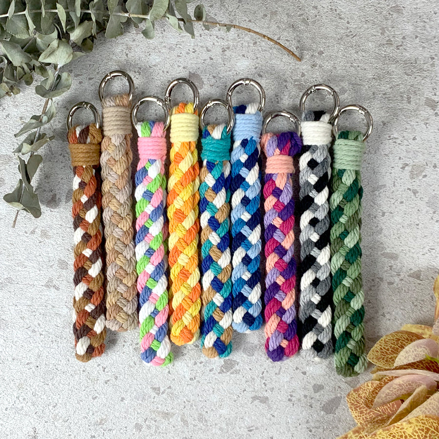 Macrame Kit: 4-strand Braid Keychain Weaving Craft Material Pack. 4 colored ropes (1.5m each, gradient/color contrast options). Includes tutorial, 1 key ring with spring clasp, 1 phone clip. For beginnersDIY enthusiasts. Use as keychain, phone pendant