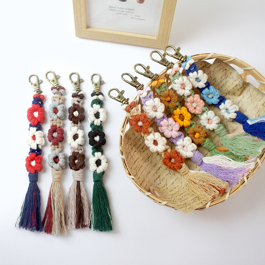 Macrame Kit Bohemian Style Interval Color Small Daisy Tassel Keychain Weaving Kit (Tassel Weaving Set): Polyester Rope, Tutorial, Antique Copper Lobster Clasp, Phone Clip. For Pendants/Bag Charms  Beginner Handmade DIY