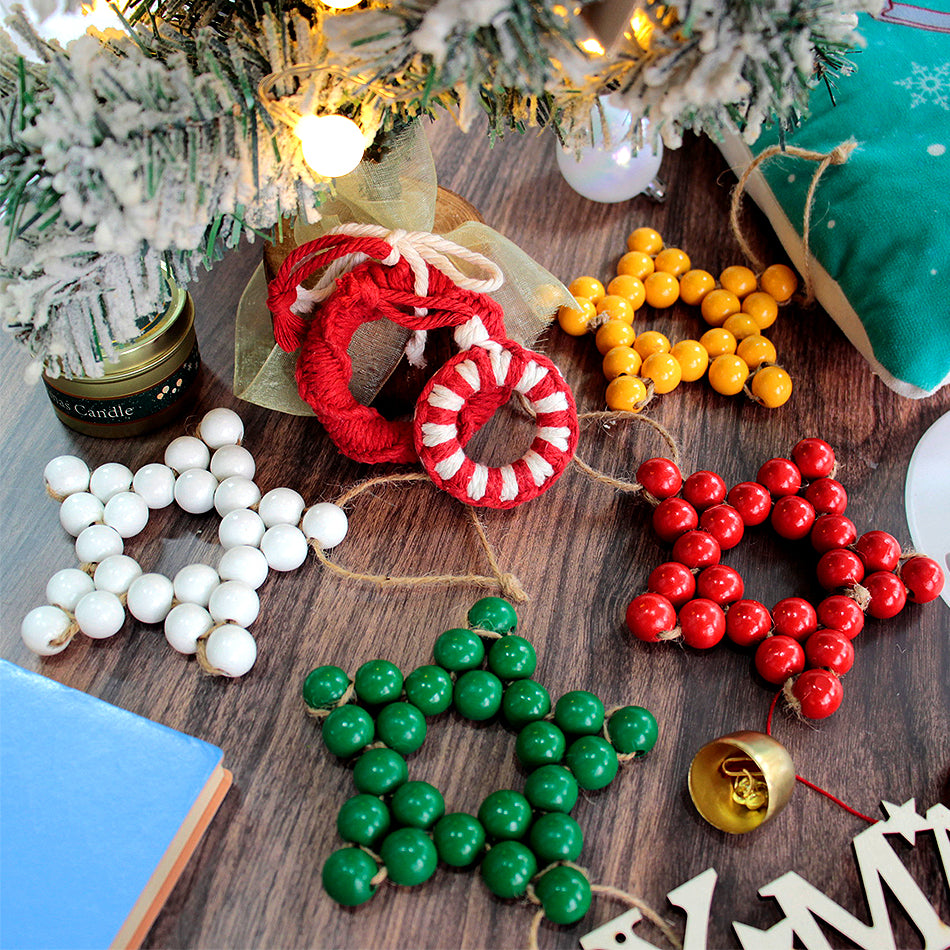 Macrame Kit Christmas Wooden Bead Star Weaving Kit | Single-Color Beads | Symmetrical & Plump | Multi-Scene Decor | Beginner-Friendly| Car/Home Use