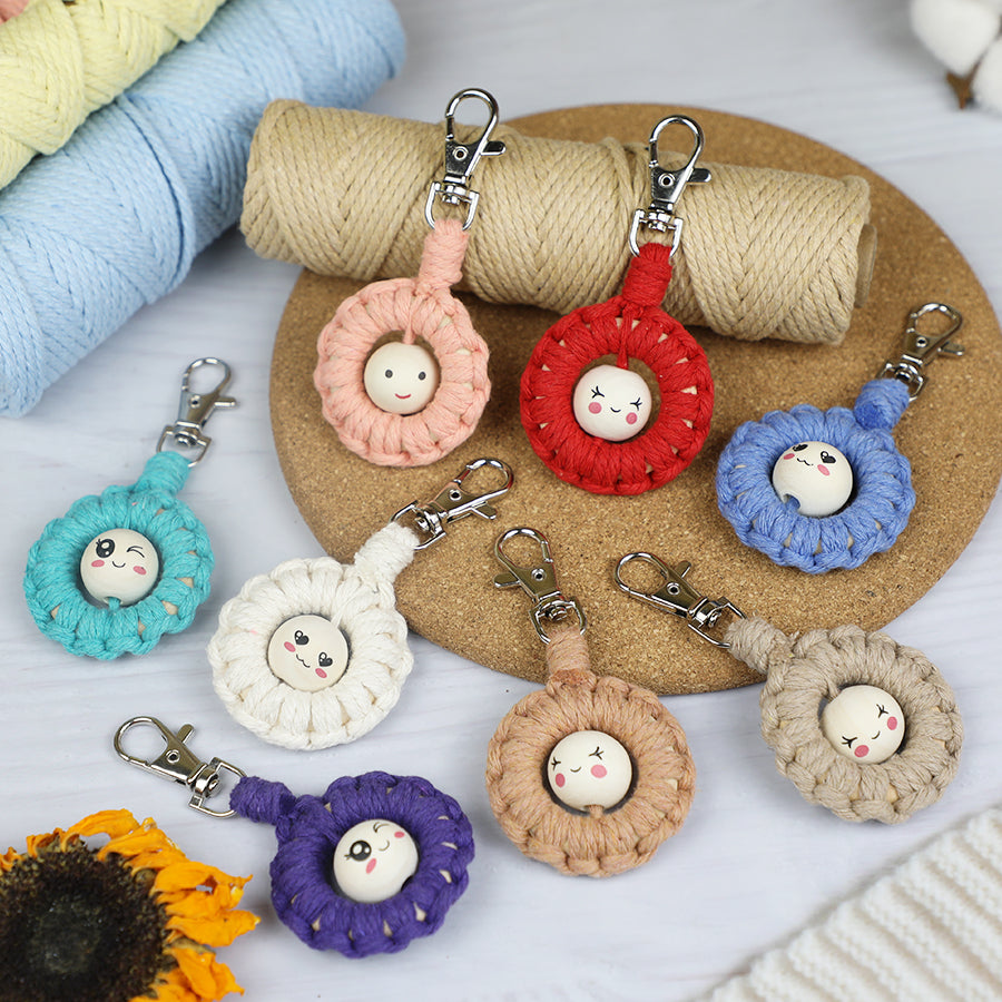 Macrame Kit: Wooden Bead Emoji Keychain Weaving Craft Material Pack. With Tutorial, Polyester Cord, Silver Lobster Clasp, 40mm Wooden Ring, Phone Clip. Beginner DIY (Keychain/Small Ornament)