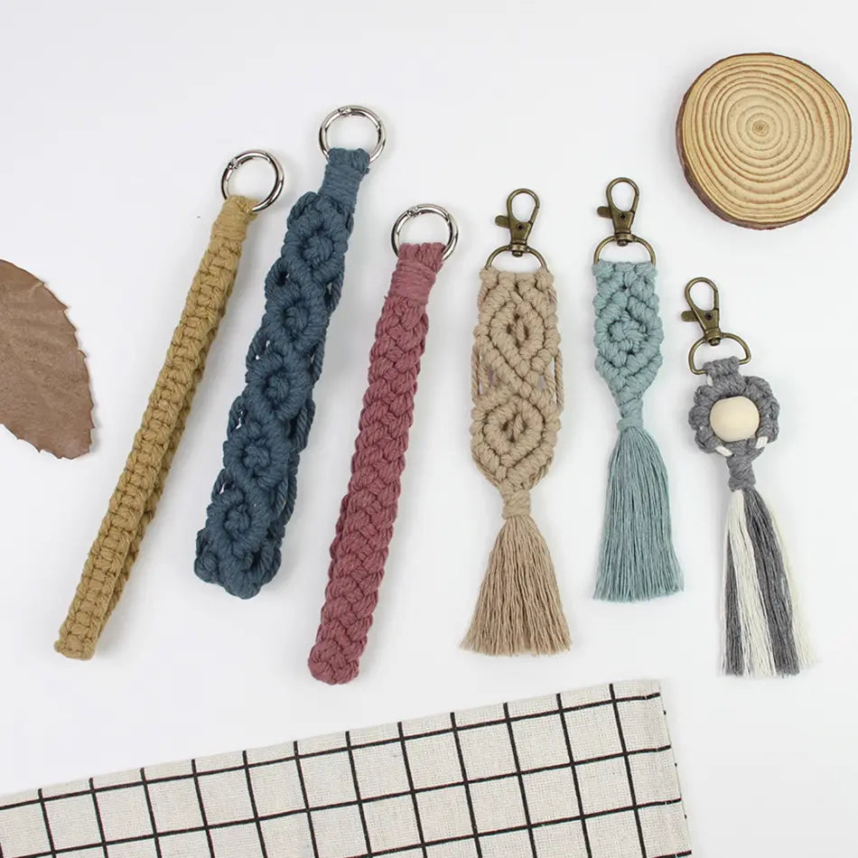 Macrame Kit for Beginners, Boho 6‑Pcs Keychain DIY Kit, Mixed‑Style Handmade Gift