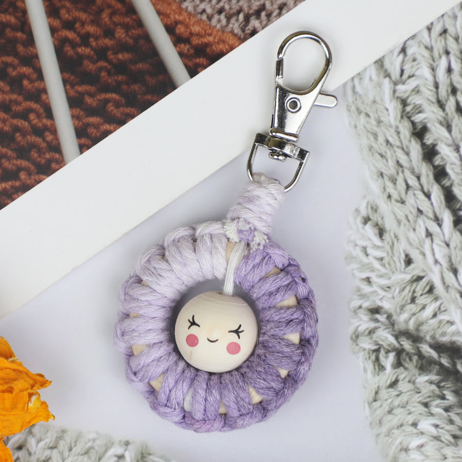 Macrame Kit: Wooden Bead Emoji Keychain Weaving Craft Material Pack. With Tutorial, Polyester Cord, Silver Lobster Clasp, 40mm Wooden Ring, Phone Clip. Beginner DIY (Keychain/Small Ornament)