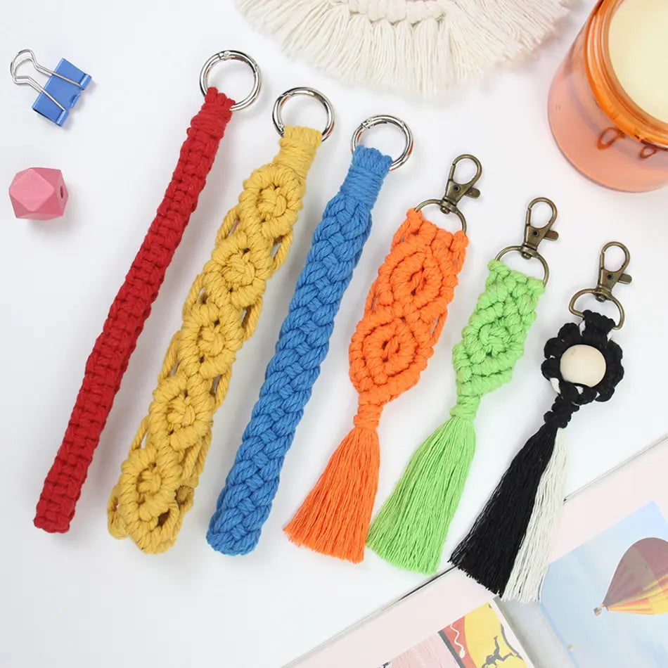 Macrame Kit for Beginners, Boho 6‑Pcs Keychain DIY Kit, Mixed‑Style Handmade Gift