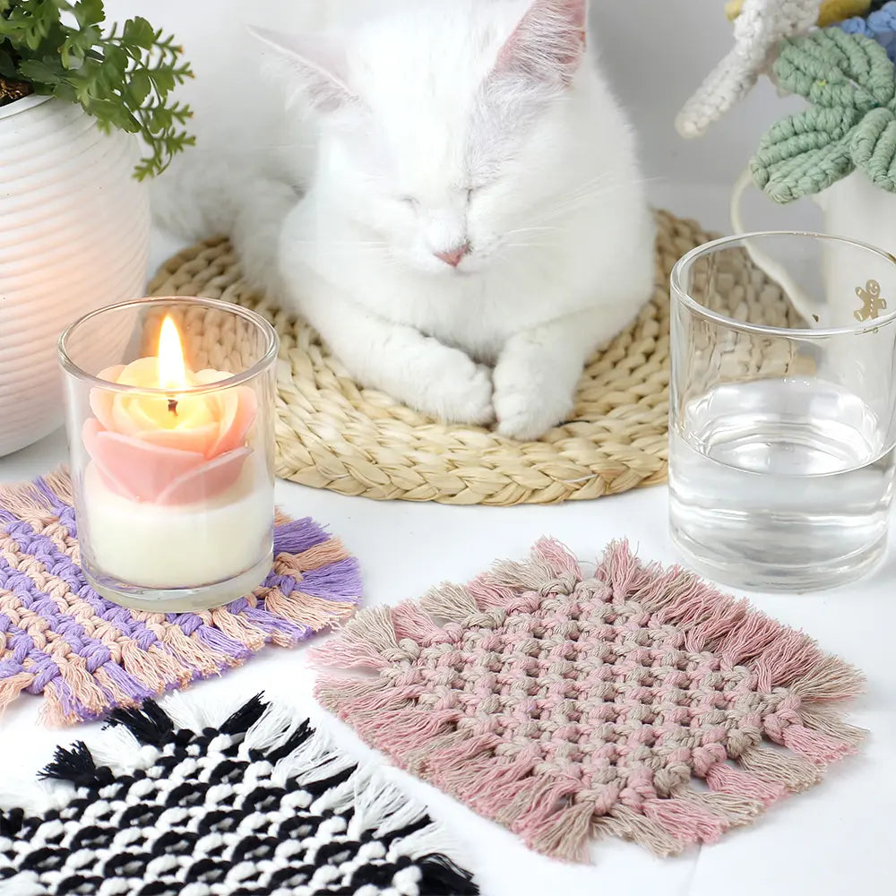 Macrame Kit for Beginners, Boho Square Tassel Coaster DIY Kit, Table Home Decor