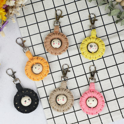 Macrame Kit: Wooden Bead Emoji Keychain Weaving Craft Material Pack. With Tutorial, Polyester Cord, Silver Lobster Clasp, 40mm Wooden Ring, Phone Clip. Beginner DIY (Keychain/Small Ornament)