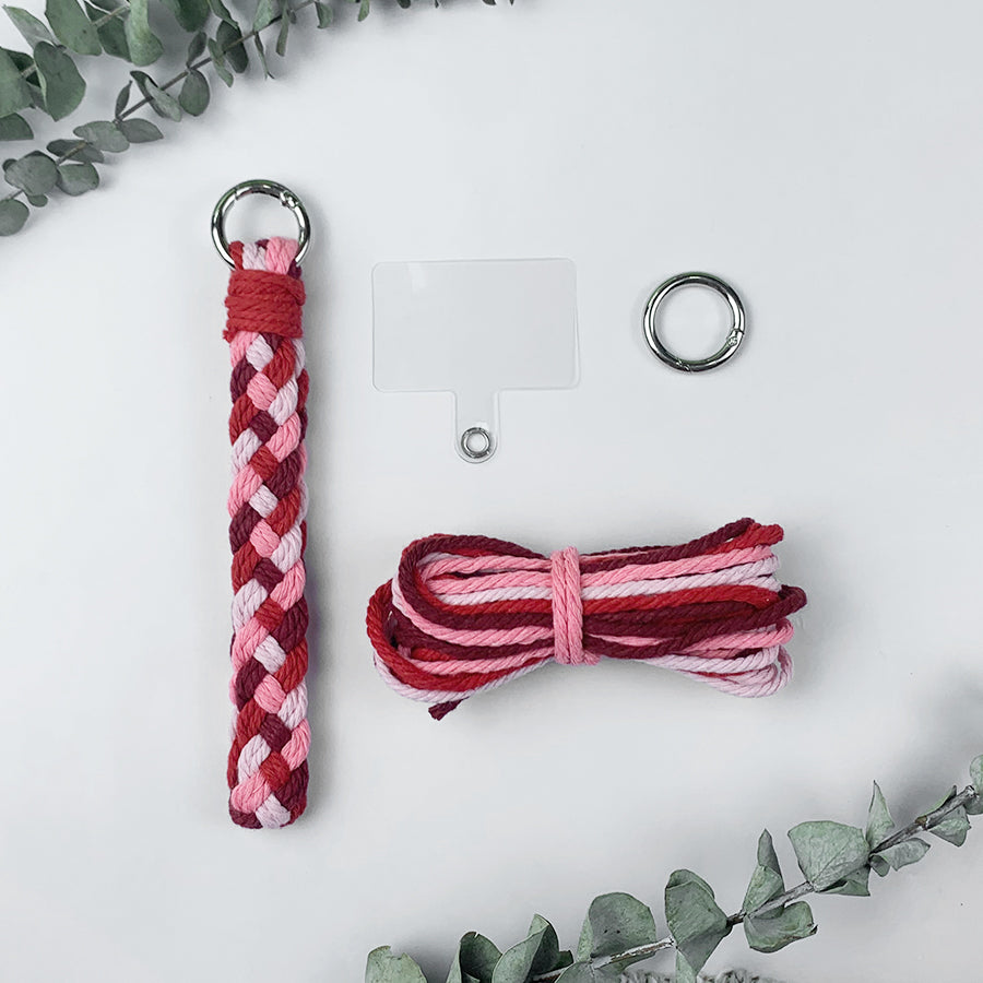 Macrame Kit: 4-strand Braid Keychain Weaving Craft Material Pack. 4 colored ropes (1.5m each, gradient/color contrast options). Includes tutorial, 1 key ring with spring clasp, 1 phone clip. For beginnersDIY enthusiasts. Use as keychain, phone pendant