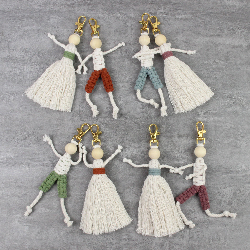 Macrame Kit Boy & Girl Handmade Weaving Keychain Set Movable Limbs, Fringe Skirt | Valentine's Day Gift, Beginner-Friendly