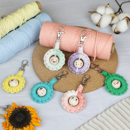 Macrame Kit: Wooden Bead Emoji Keychain Weaving Craft Material Pack. With Tutorial, Polyester Cord, Silver Lobster Clasp, 40mm Wooden Ring, Phone Clip. Beginner DIY (Keychain/Small Ornament)