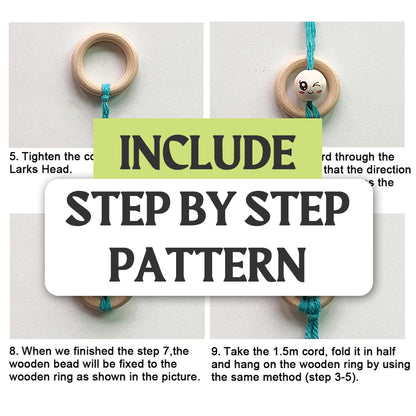 Macrame Kit: Wooden Bead Emoji Keychain Weaving Craft Material Pack. With Tutorial, Polyester Cord, Silver Lobster Clasp, 40mm Wooden Ring, Phone Clip. Beginner DIY (Keychain/Small Ornament)