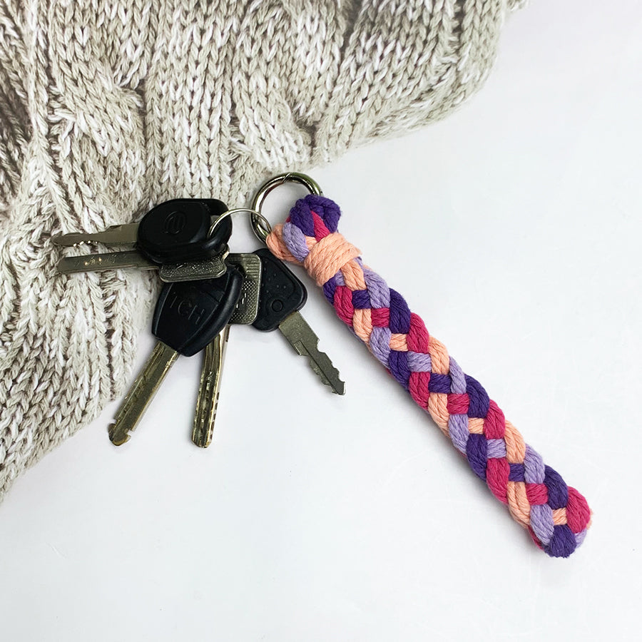 Macrame Kit: 4-strand Braid Keychain Weaving Craft Material Pack. 4 colored ropes (1.5m each, gradient/color contrast options). Includes tutorial, 1 key ring with spring clasp, 1 phone clip. For beginnersDIY enthusiasts. Use as keychain, phone pendant