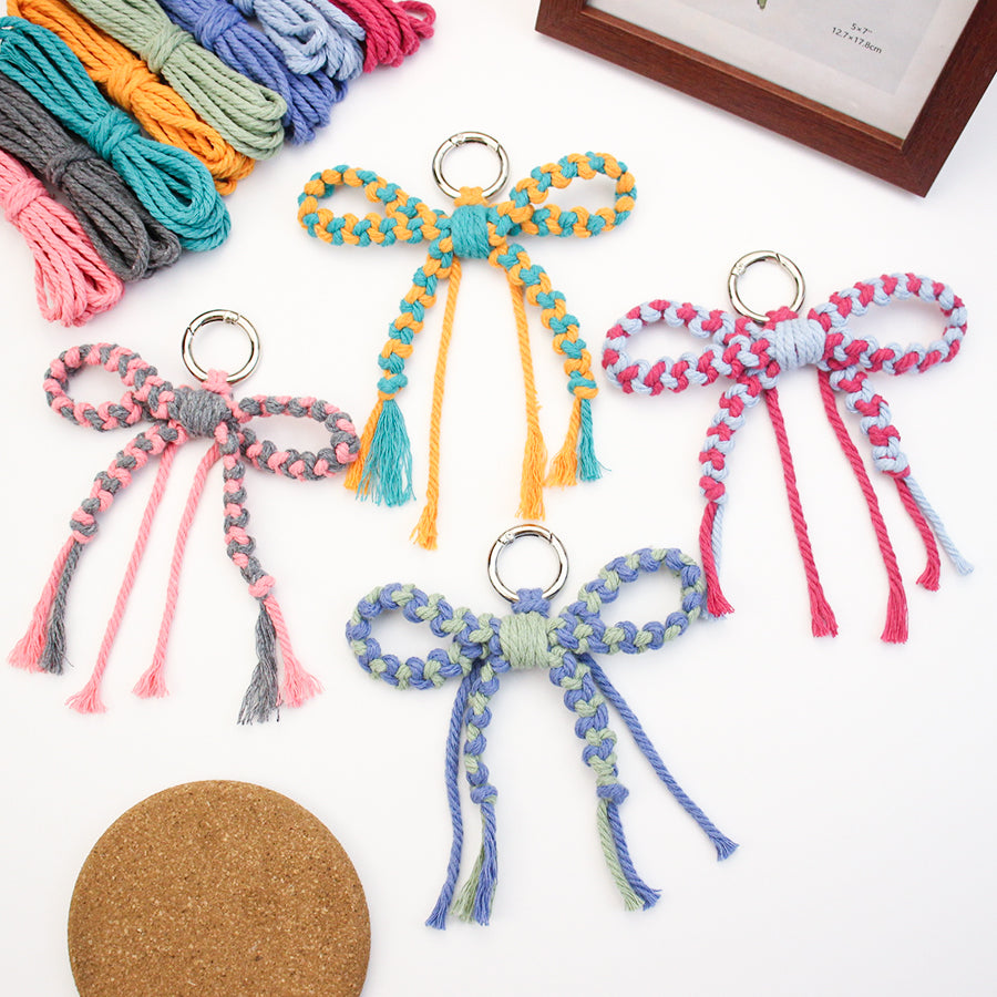 Bow Keychain Weaving Craft Material Pack Macrame Kit - High-quality Polyester Rope (2 meters each in 2 colors) with Tutorial, Key Ring with Spring Clasp, Phone Clip, Bohemian Style, Beginner-friendly