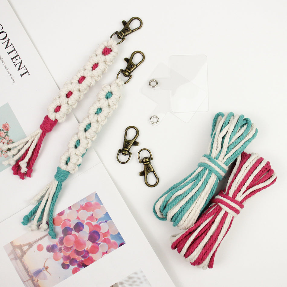 White Daisy Keychain Wristband Weaving Kit Macrame Kit: Premium Polyester Rope (2 colors, 3m each), Tutorial, Bronze Dog Clasp  Phone Clip, White Petals & Colored Center, Beginner-Friendly, For Pendants