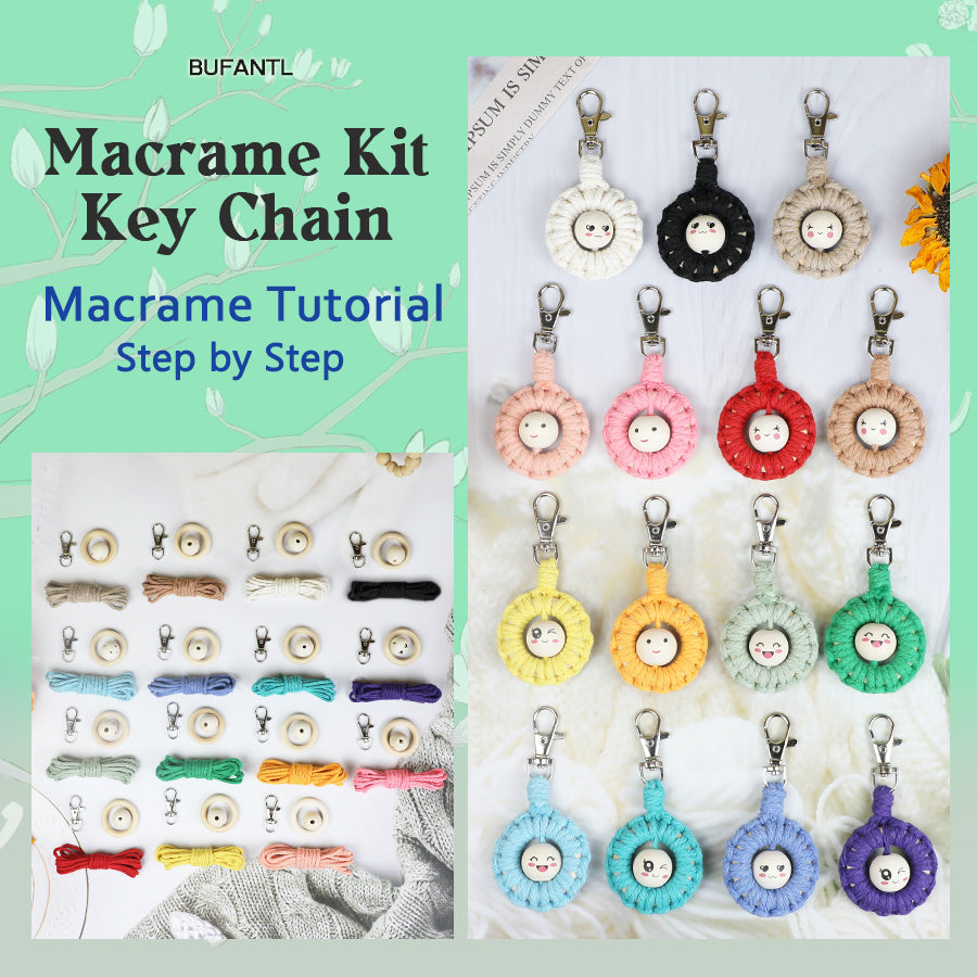 Macrame Kit: Wooden Bead Emoji Keychain Weaving Craft Material Pack. With Tutorial, Polyester Cord, Silver Lobster Clasp, 40mm Wooden Ring, Phone Clip. Beginner DIY (Keychain/Small Ornament)
