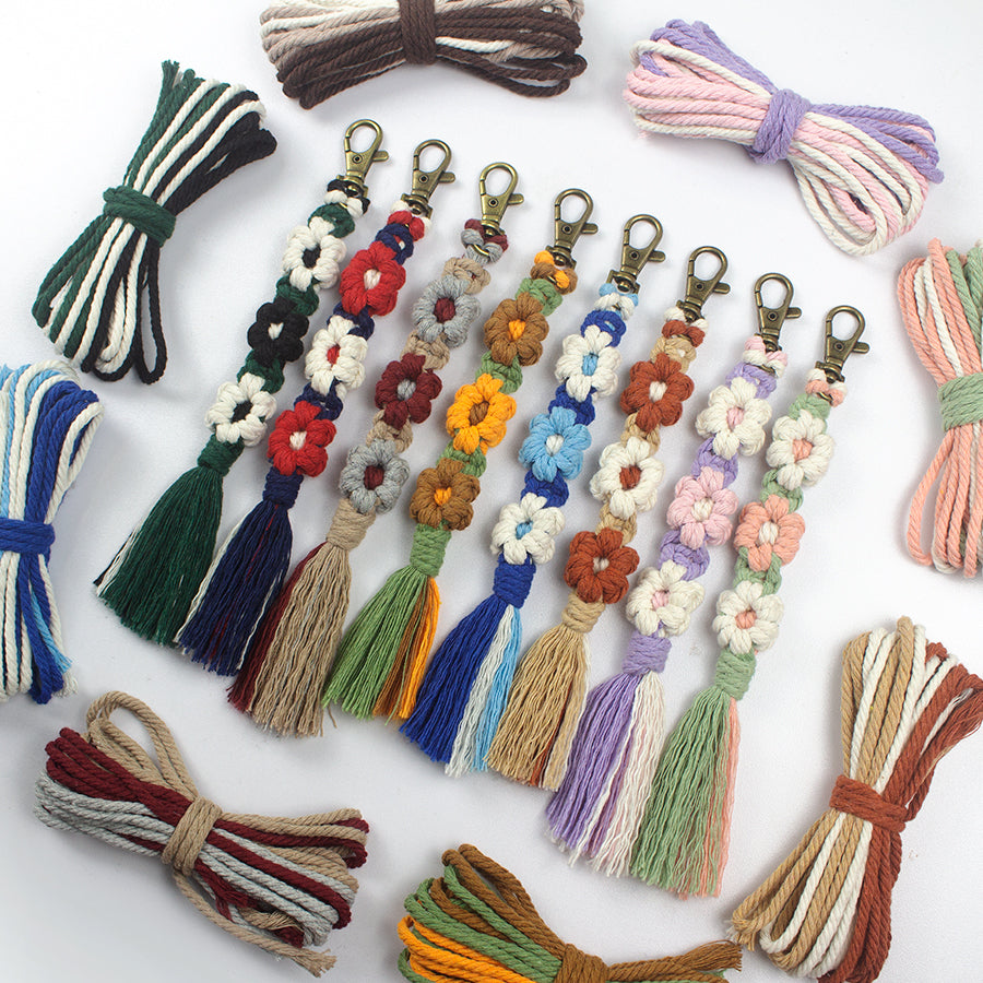 Macrame Kit Bohemian Style Interval Color Small Daisy Tassel Keychain Weaving Kit (Tassel Weaving Set): Polyester Rope, Tutorial, Antique Copper Lobster Clasp, Phone Clip. For Pendants/Bag Charms  Beginner Handmade DIY