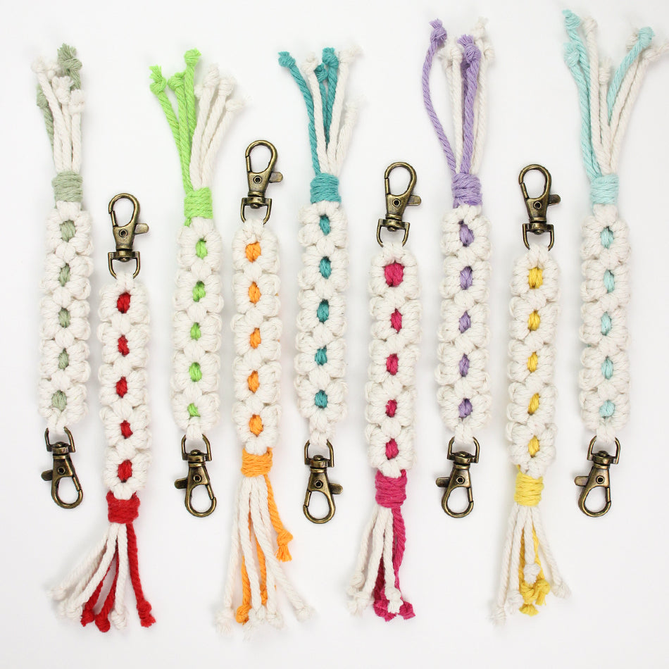 White Daisy Keychain Wristband Weaving Kit Macrame Kit: Premium Polyester Rope (2 colors, 3m each), Tutorial, Bronze Dog Clasp  Phone Clip, White Petals & Colored Center, Beginner-Friendly, For Pendants