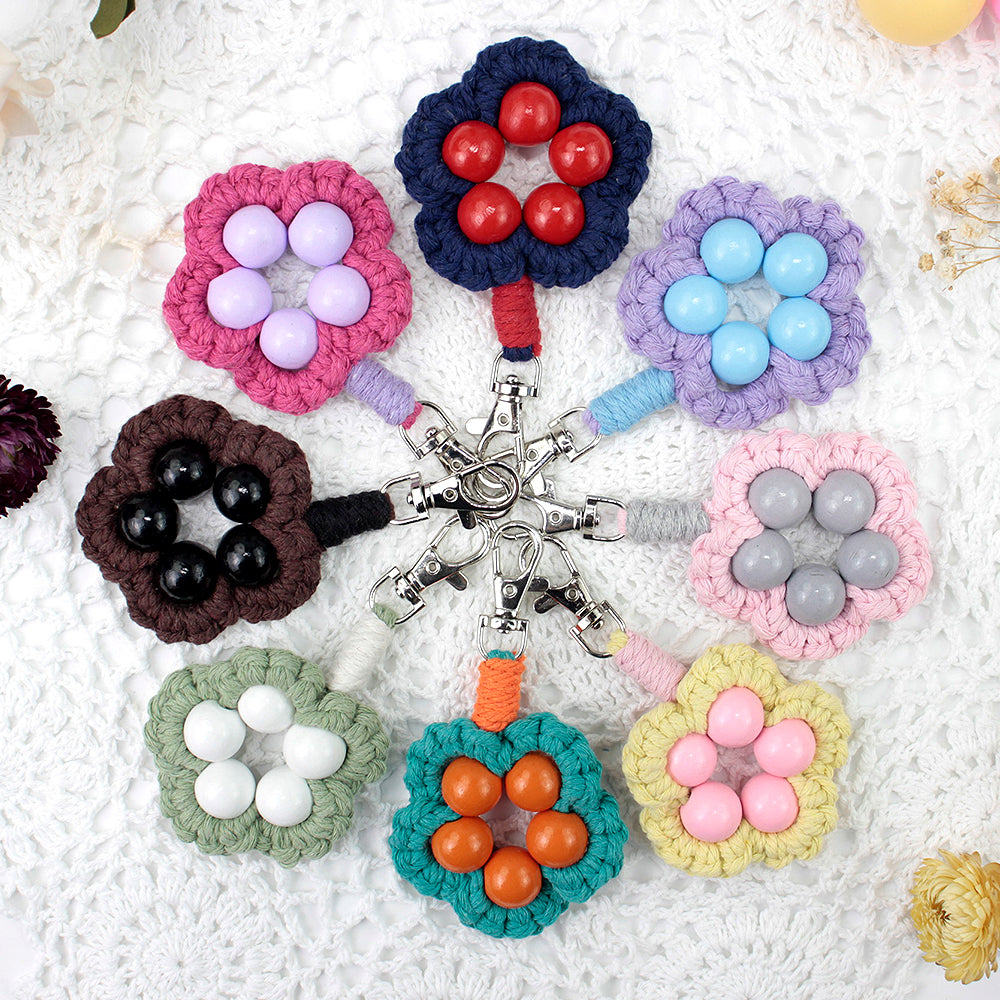 Wood Bead Flower Keychain Weaving Kit Macrame Kit | Multi-Colors | Cute Vitality | Bag Charm/Keychain | Beginner DIY Set
