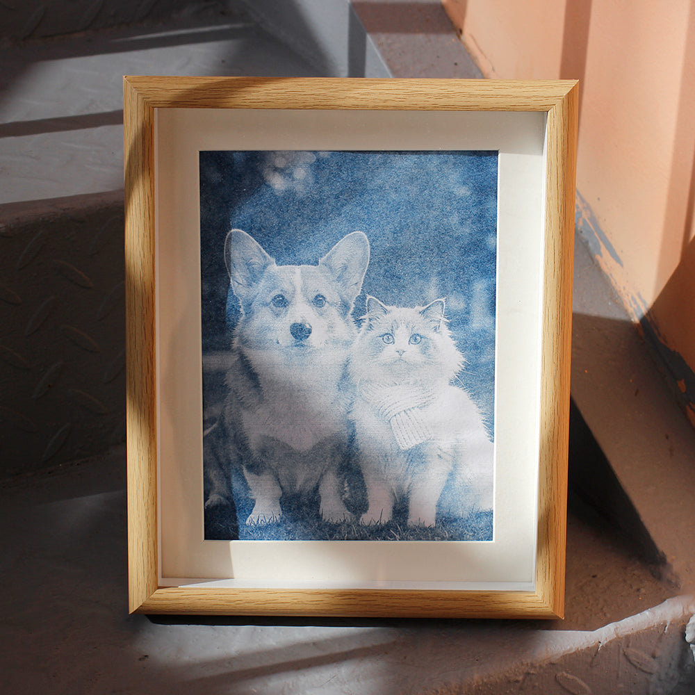 Custom framed cyanotype photo print, upload your photo, white and yellow frame options, handmade blue art keepsake