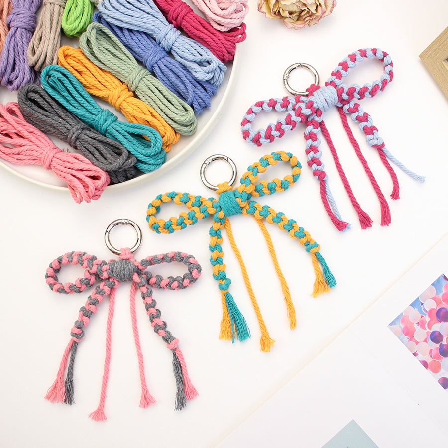 Bow Keychain Weaving Craft Material Pack Macrame Kit - High-quality Polyester Rope (2 meters each in 2 colors) with Tutorial, Key Ring with Spring Clasp, Phone Clip, Bohemian Style, Beginner-friendly