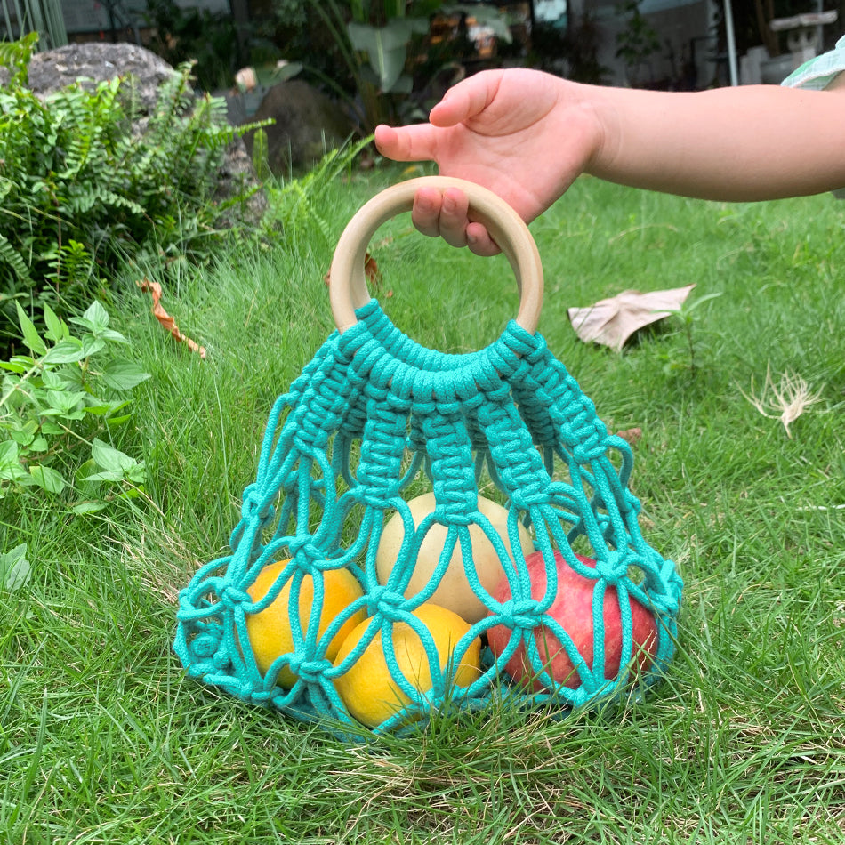 Macrame Kit Hollow Bag Weaving Kit | Dopamine Colors | Wooden Ring Handle | Commute/Outing Use | Beginner-Friendly
