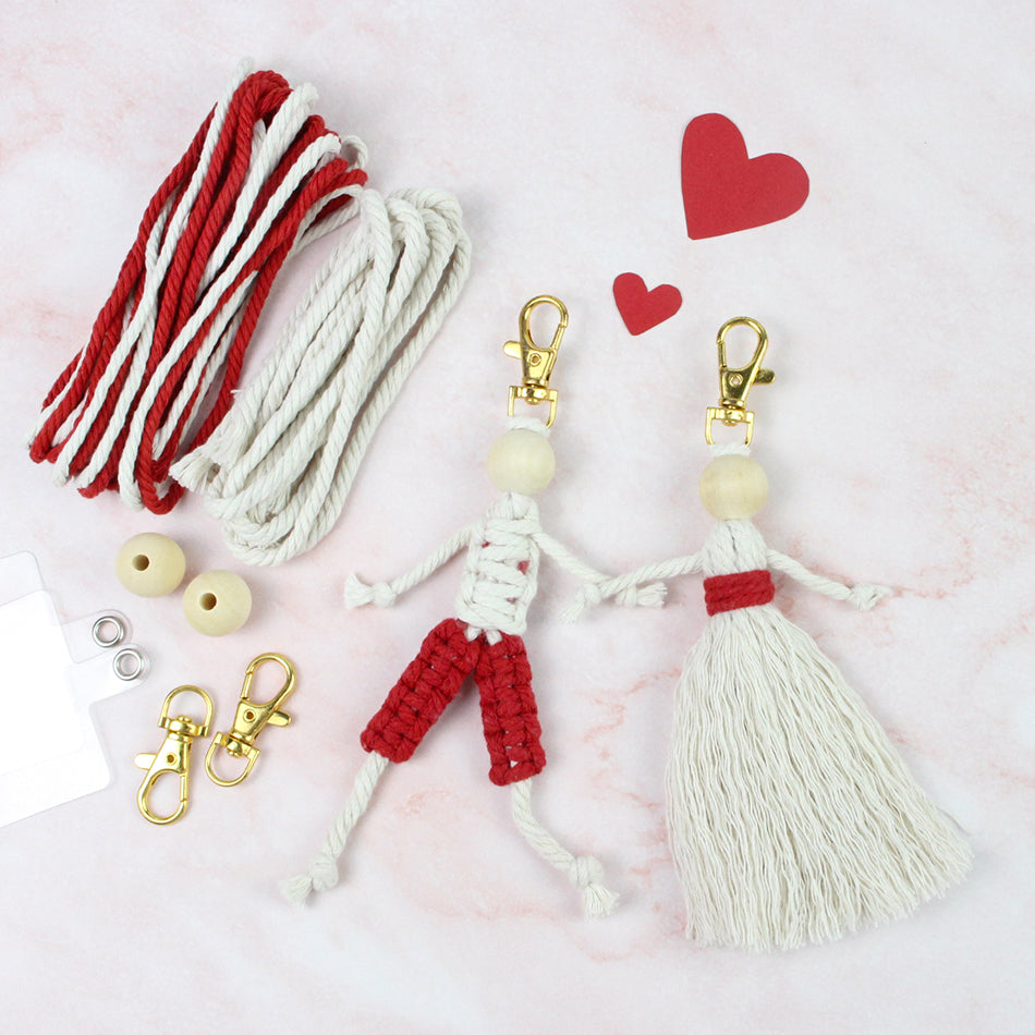 Macrame Kit Boy & Girl Handmade Weaving Keychain Set Movable Limbs, Fringe Skirt | Valentine's Day Gift, Beginner-Friendly