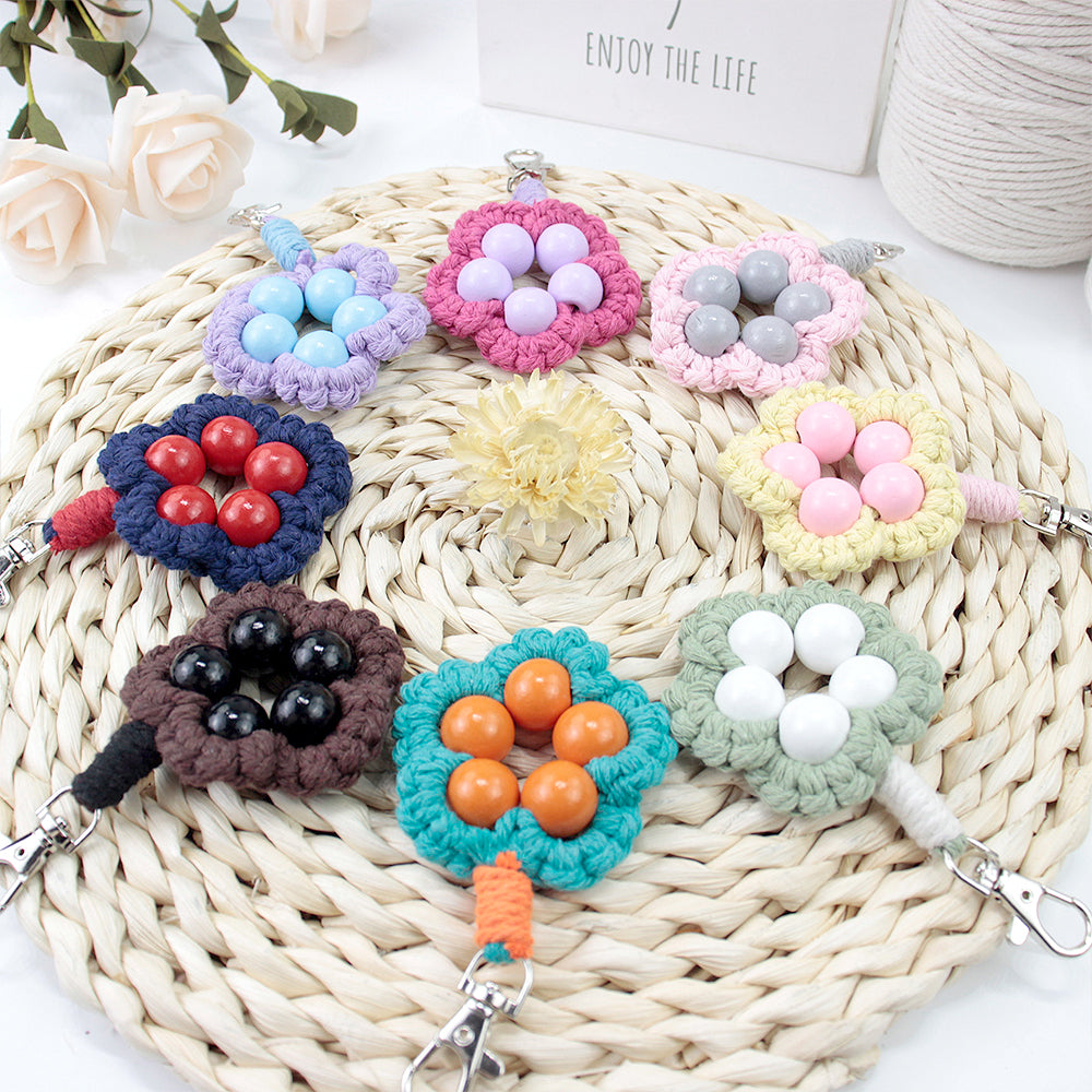 Wood Bead Flower Keychain Weaving Kit Macrame Kit | Multi-Colors | Cute Vitality | Bag Charm/Keychain | Beginner DIY Set