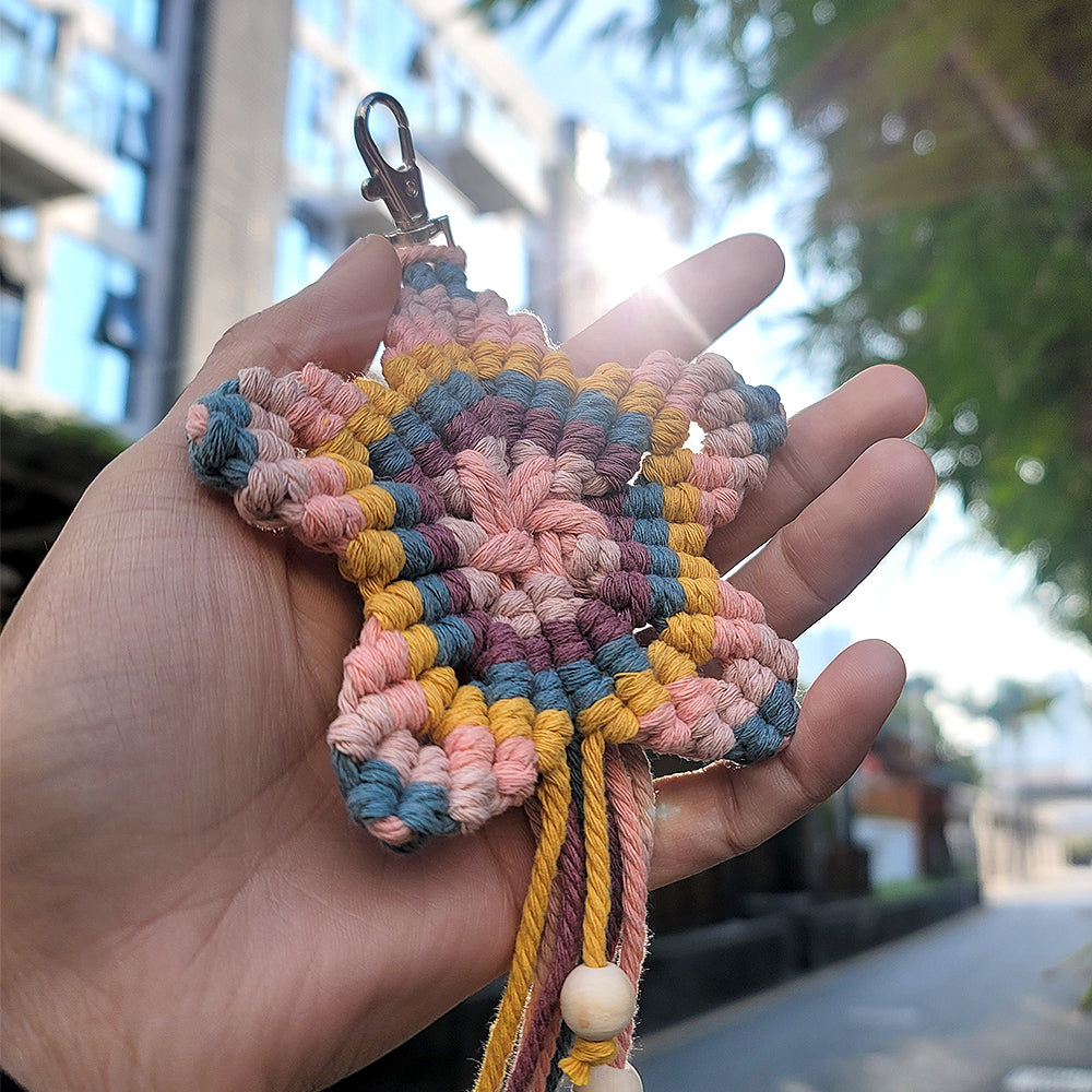 Macrame Kit 5-Pointed Star Keychain Weaving Kit | Multi-Colors |  Fringe + Wood Bead Decor | Wristband/Anti-Lost Strap | Beginner-Friendly