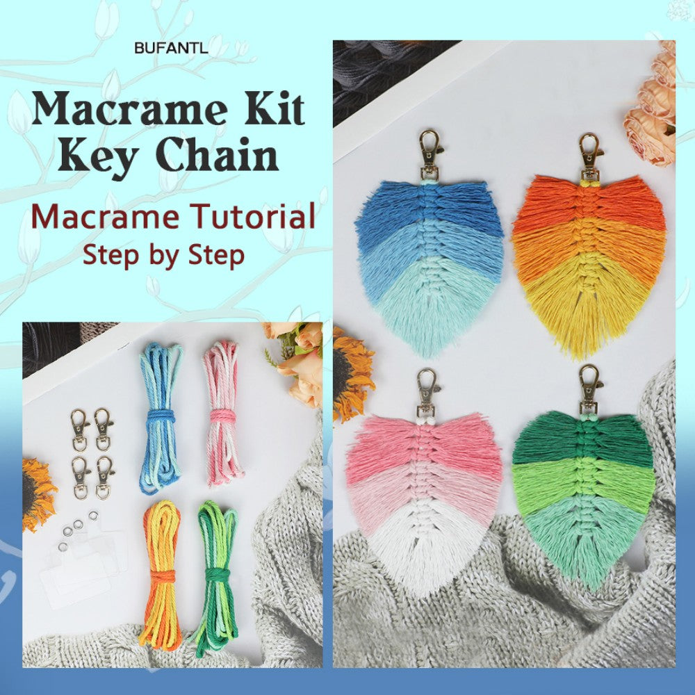Macrame Kit: Fringed Leaf Keychain Weaving Handcraft Material Package, with detailed tutorials + high-quality polyester ropes. Three-color gradient (fresh), usable as keychains, mobile pendants, bag accessories, small ornaments.