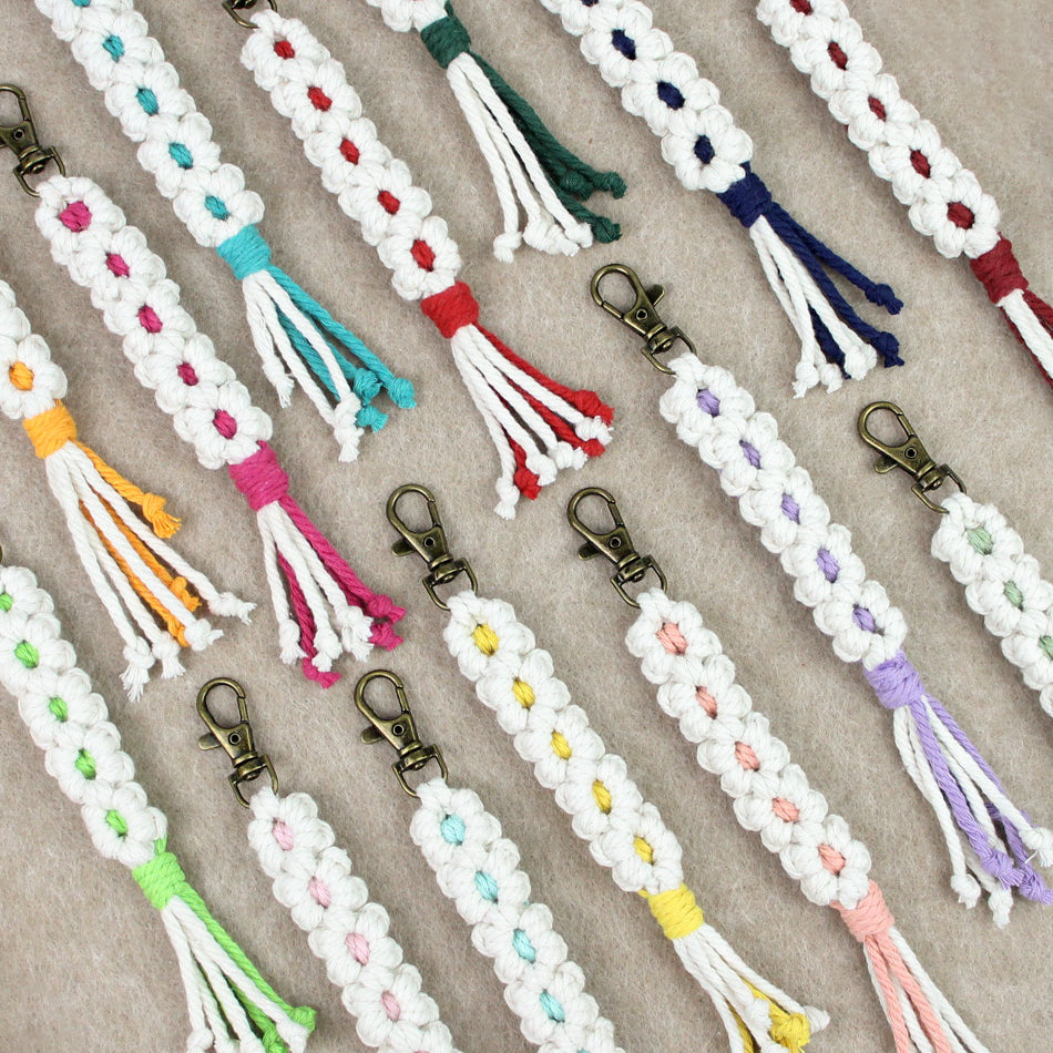 White Daisy Keychain Wristband Weaving Kit Macrame Kit: Premium Polyester Rope (2 colors, 3m each), Tutorial, Bronze Dog Clasp  Phone Clip, White Petals & Colored Center, Beginner-Friendly, For Pendants