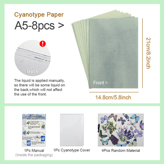 A5 Cyanotype Paper 8-Sheet DIY Kit Cyanotype Set Sun Art Paper Vintage Photography Supply With Materials + splint For Creative Painting/Plant Specimens