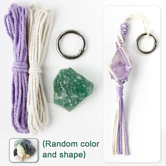 Macrame Kit for Beginners, Boho Natural Crystal Keychain Suncatcher DIY Kit, Vintage Car Decor