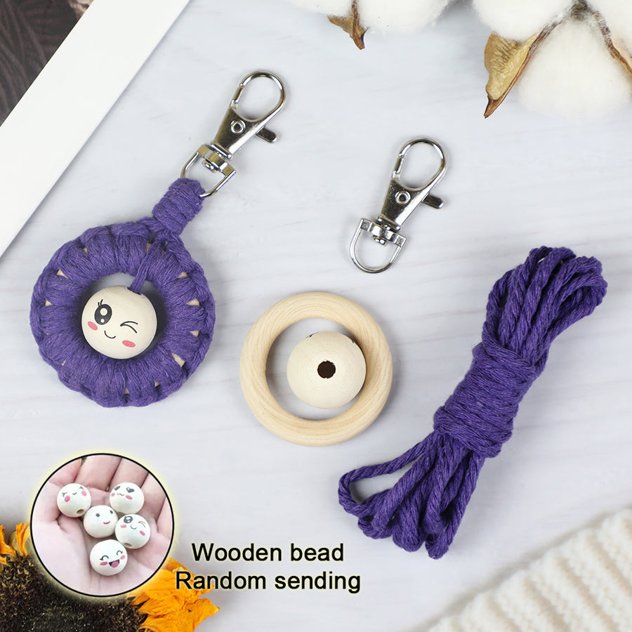 Macrame Kit: Wooden Bead Emoji Keychain Weaving Craft Material Pack. With Tutorial, Polyester Cord, Silver Lobster Clasp, 40mm Wooden Ring, Phone Clip. Beginner DIY (Keychain/Small Ornament)