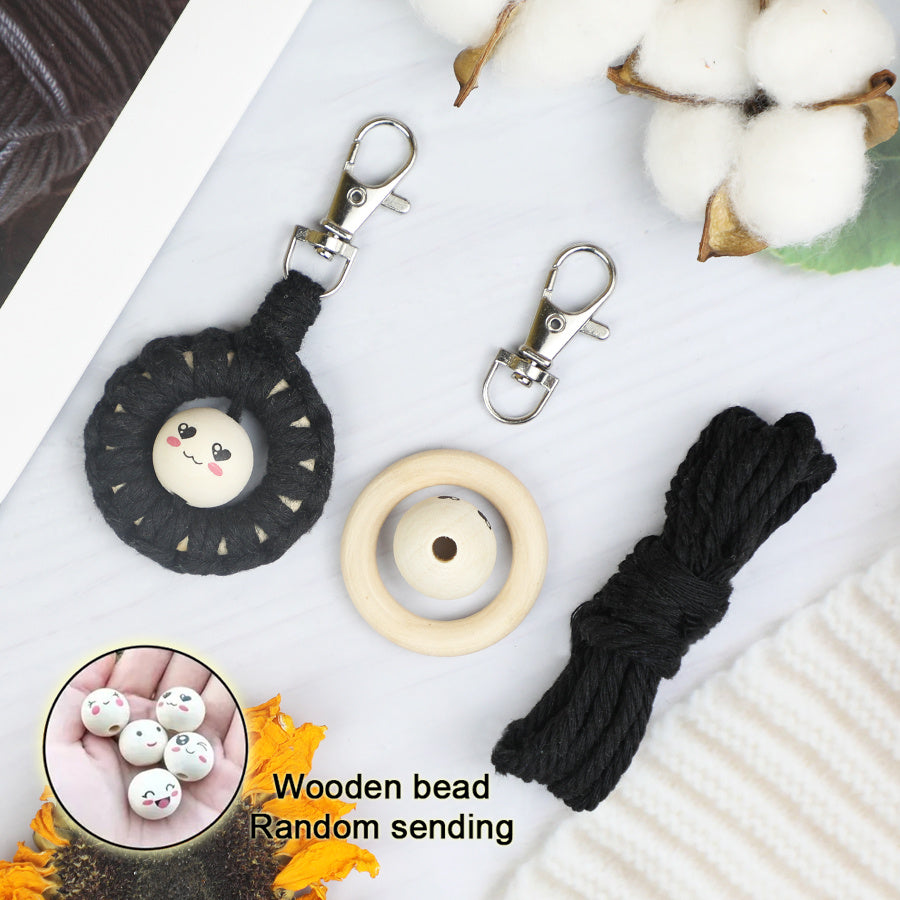 Macrame Kit: Wooden Bead Emoji Keychain Weaving Craft Material Pack. With Tutorial, Polyester Cord, Silver Lobster Clasp, 40mm Wooden Ring, Phone Clip. Beginner DIY (Keychain/Small Ornament)